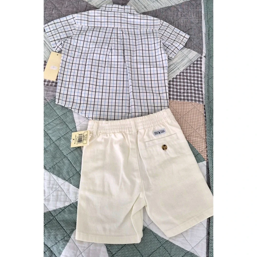NWT Polo Ralph Lauren Boys Plaid Button Down Shirt & Belted Shorts 2-Pc Set 24M